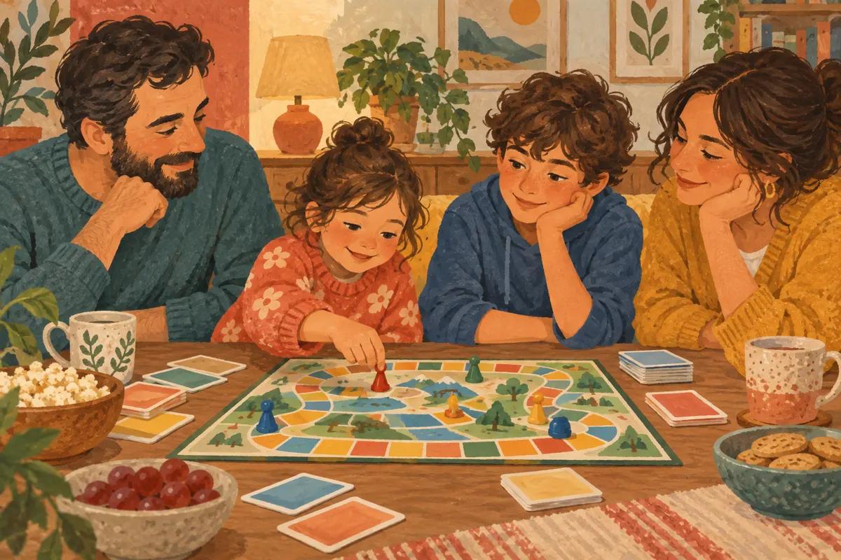 Ilustracja rodziny z dziećmi w różnym wieku grającej wspólnie przy stole