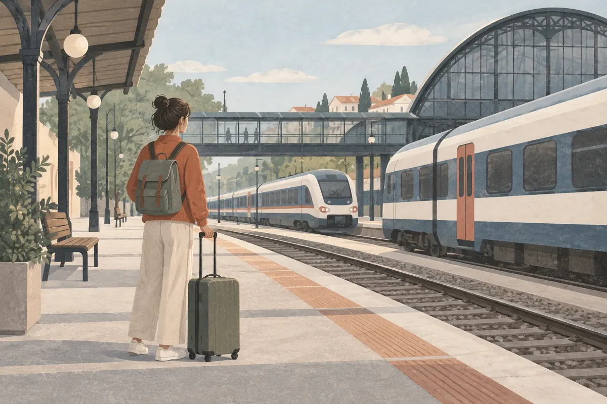 Ilustracja podróżnego z walizką na peronie podczas przesiadki między pociągami.